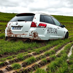 A hyper-realistic scene of a white 2009 Holden Commodore Omega wagon badly stuck in soft, wet, muddy grass while attempting to traverse a very wet grass field