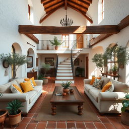 A Mediterranean living room with a staircase in the background