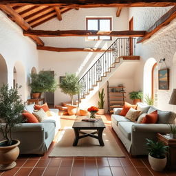 A Mediterranean living room with a staircase in the background