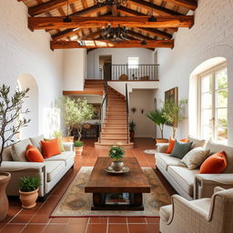 A Mediterranean living room with a staircase in the background