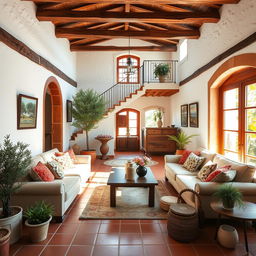 A Mediterranean living room with a staircase in the background