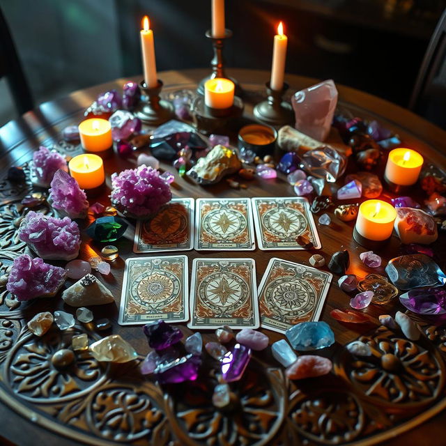 A mystical tarot card table filled with a variety of shimmering crystals, casting colorful reflections across the surface