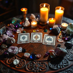 A mystical tarot card table filled with a variety of shimmering crystals, casting colorful reflections across the surface