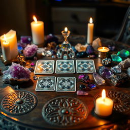 A mystical tarot card table filled with a variety of shimmering crystals, casting colorful reflections across the surface