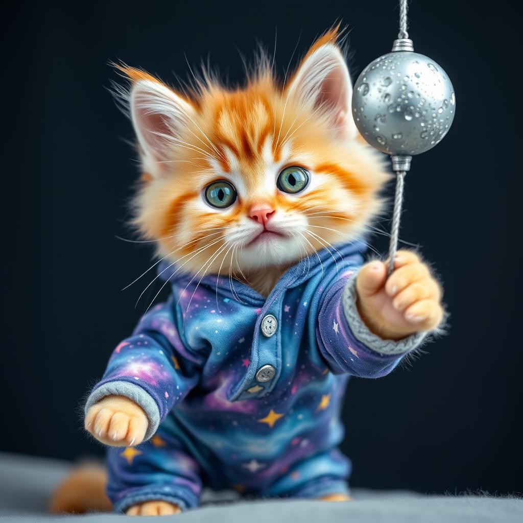 A fluffy orange kitten with vibrant green eyes, wearing snug-fitting galaxy-themed pajamas adorned with twinkling stars and colorful nebula patterns