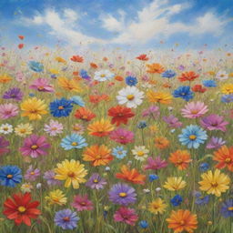 Whimsical scene of multicolored flowers dancing joyously in a vibrant meadow under a bright, sunny sky.