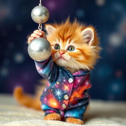 A fluffy orange kitten with vibrant green eyes, wearing snug-fitting galaxy-themed pajamas adorned with twinkling stars and colorful nebula patterns