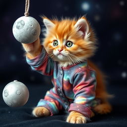 A fluffy orange kitten with vibrant green eyes, wearing snug-fitting galaxy-themed pajamas adorned with twinkling stars and colorful nebula patterns