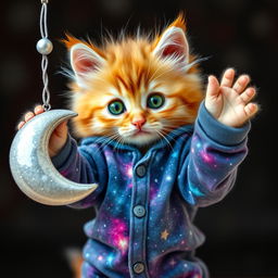 A fluffy orange kitten with vibrant green eyes, wearing snug-fitting galaxy-themed pajamas adorned with twinkling stars and colorful nebula patterns