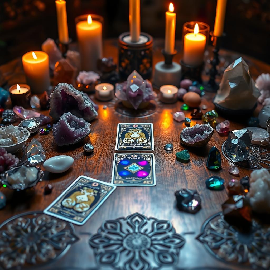 A mystical tarot card table filled with a variety of shimmering crystals, casting colorful reflections across the surface