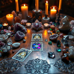 A mystical tarot card table filled with a variety of shimmering crystals, casting colorful reflections across the surface