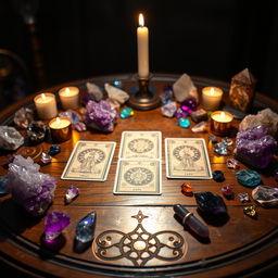 A mystical tarot card table filled with a variety of shimmering crystals, casting colorful reflections across the surface