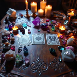 A mystical tarot card table filled with a variety of shimmering crystals, casting colorful reflections across the surface