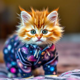 A fluffy orange kitten with vibrant green eyes, wearing snug-fitting galaxy-themed pajamas adorned with twinkling stars and colorful nebula patterns