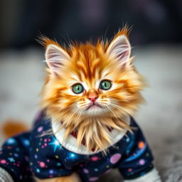 A fluffy orange kitten with vibrant green eyes, wearing snug-fitting galaxy-themed pajamas adorned with twinkling stars and colorful nebula patterns