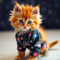 A fluffy orange kitten with vibrant green eyes, wearing snug-fitting galaxy-themed pajamas adorned with twinkling stars and colorful nebula patterns