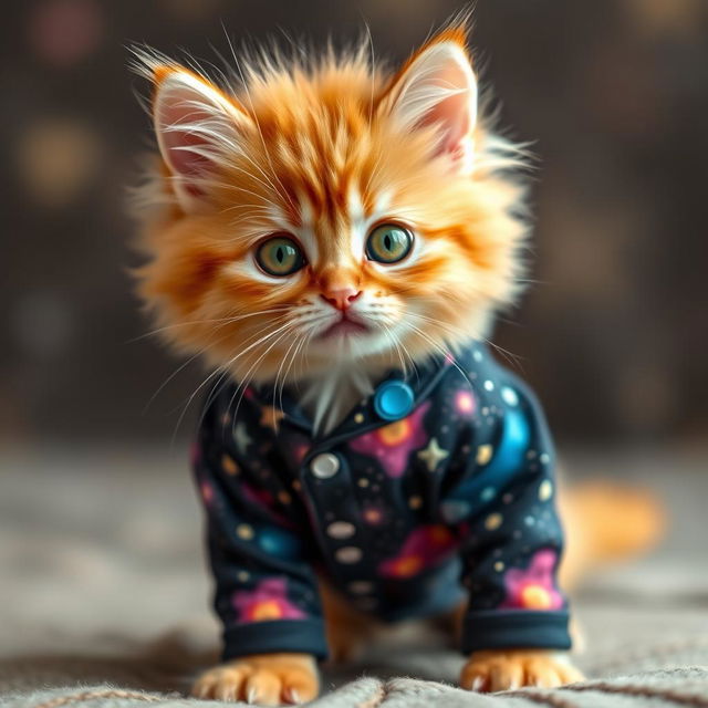 A fluffy orange kitten with vibrant green eyes, wearing snug-fitting galaxy-themed pajamas adorned with twinkling stars and colorful nebula patterns