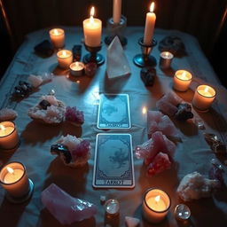 A mystical tarot card table adorned with an array of crystals that shimmer gently under soft ambient lighting