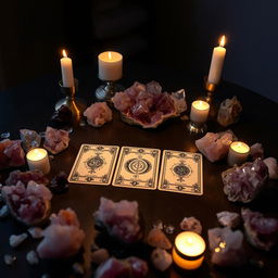 A mystical tarot card table adorned with an array of crystals that shimmer gently under soft ambient lighting