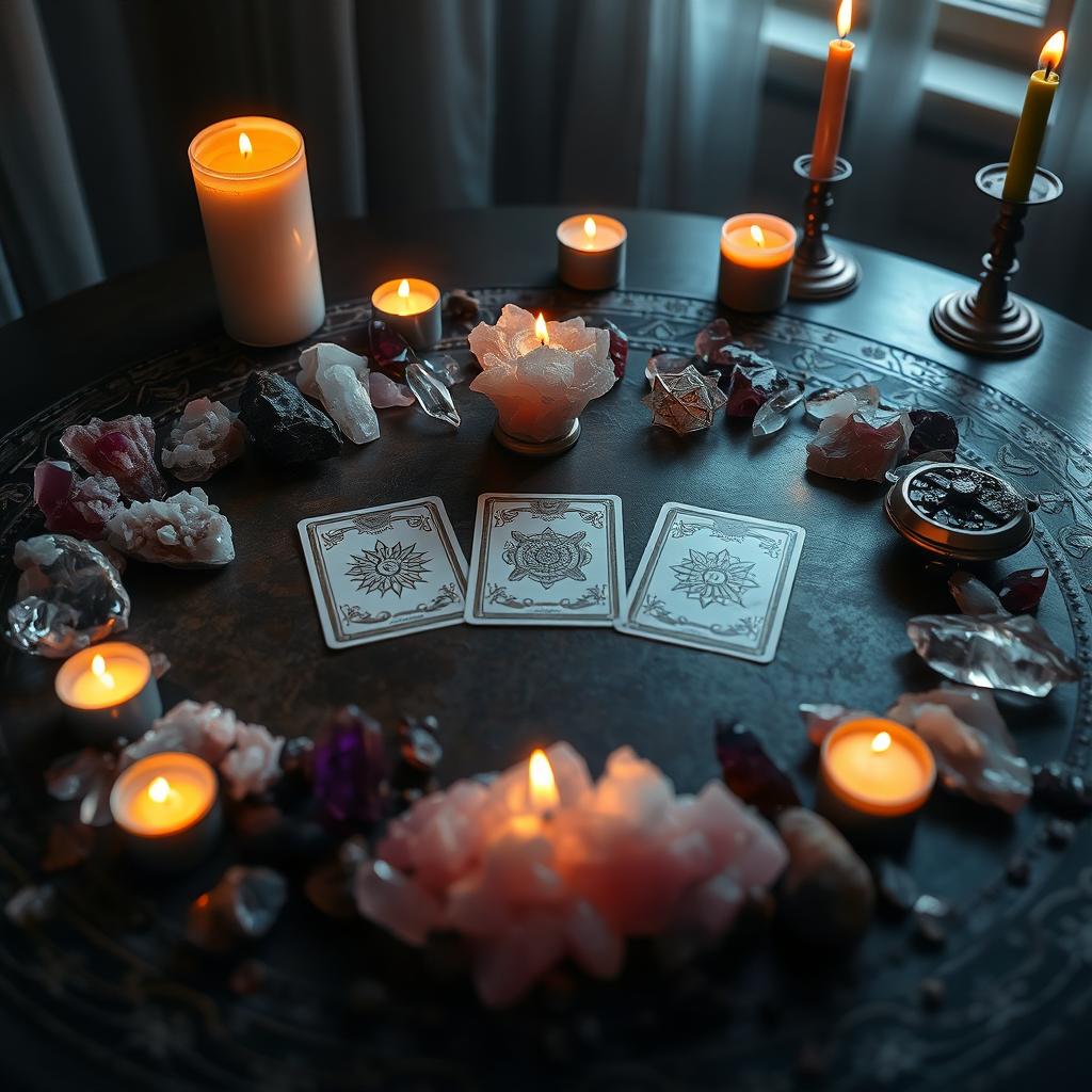 A mystical tarot card table adorned with an array of crystals that shimmer gently under soft ambient lighting