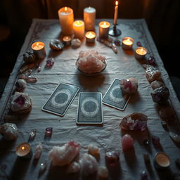 A mystical tarot card table adorned with an array of crystals that shimmer gently under soft ambient lighting