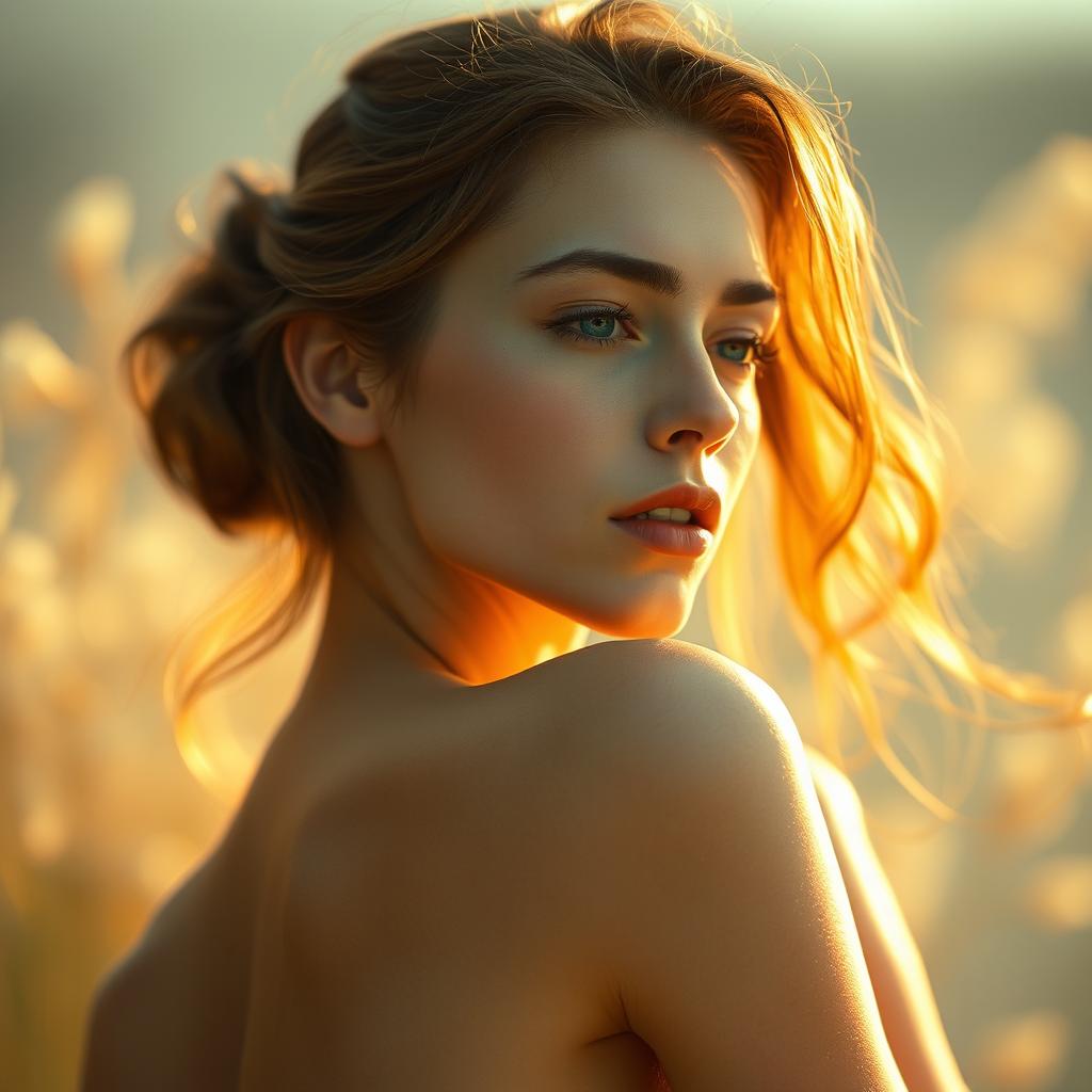 A beautiful woman with an elegant and graceful pose, her bare skin glowing softly under warm lighting