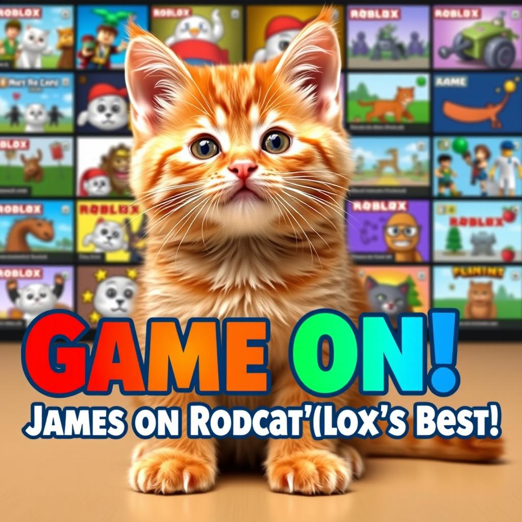 An endearing orange kitten named James sits confidently in the foreground, with an array of various Roblox games illustrated behind him, creating a lively and enthusiastic gaming environment