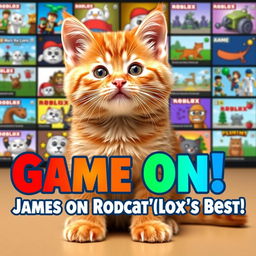 An endearing orange kitten named James sits confidently in the foreground, with an array of various Roblox games illustrated behind him, creating a lively and enthusiastic gaming environment