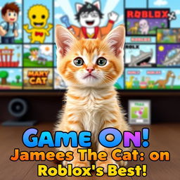 An endearing orange kitten named James sits confidently in the foreground, with an array of various Roblox games illustrated behind him, creating a lively and enthusiastic gaming environment