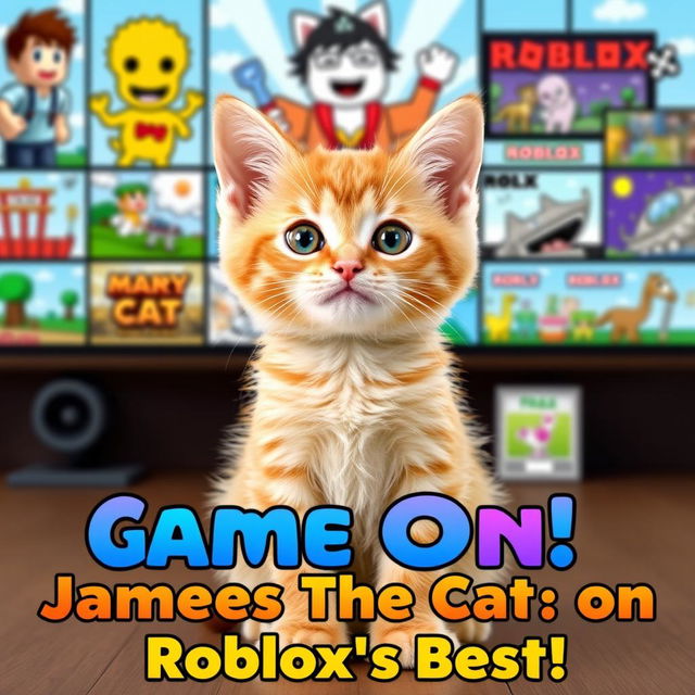 An endearing orange kitten named James sits confidently in the foreground, with an array of various Roblox games illustrated behind him, creating a lively and enthusiastic gaming environment