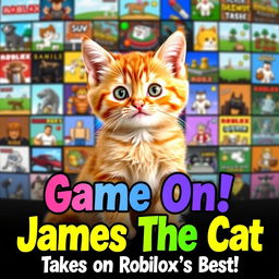 An endearing orange kitten named James sits confidently in the foreground, with an array of various Roblox games illustrated behind him, creating a lively and enthusiastic gaming environment