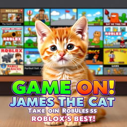 An endearing orange kitten named James sits confidently in the foreground, with an array of various Roblox games illustrated behind him, creating a lively and enthusiastic gaming environment