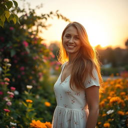 A mother standing in a beautiful garden, smiling warmly at the camera