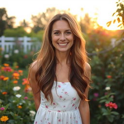 A mother standing in a beautiful garden, smiling warmly at the camera