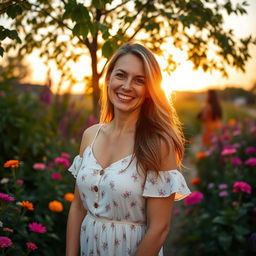 A mother standing in a beautiful garden, smiling warmly at the camera