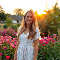 A mother standing in a beautiful garden, smiling warmly at the camera