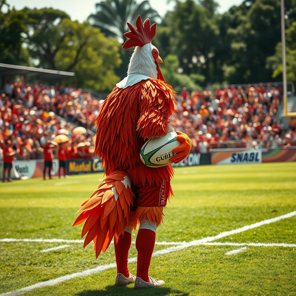 A unique and vibrant scene featuring a rugby player in a chicken costume, standing with his back to the viewer, holding a rugby ball firmly in one hand