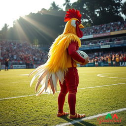 A unique and vibrant scene featuring a rugby player in a chicken costume, standing with his back to the viewer, holding a rugby ball firmly in one hand