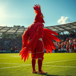 A unique and vibrant scene featuring a rugby player in a chicken costume, standing with his back to the viewer, holding a rugby ball firmly in one hand