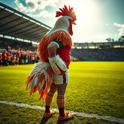 A unique and vibrant scene featuring a rugby player in a chicken costume, standing with his back to the viewer, holding a rugby ball firmly in one hand