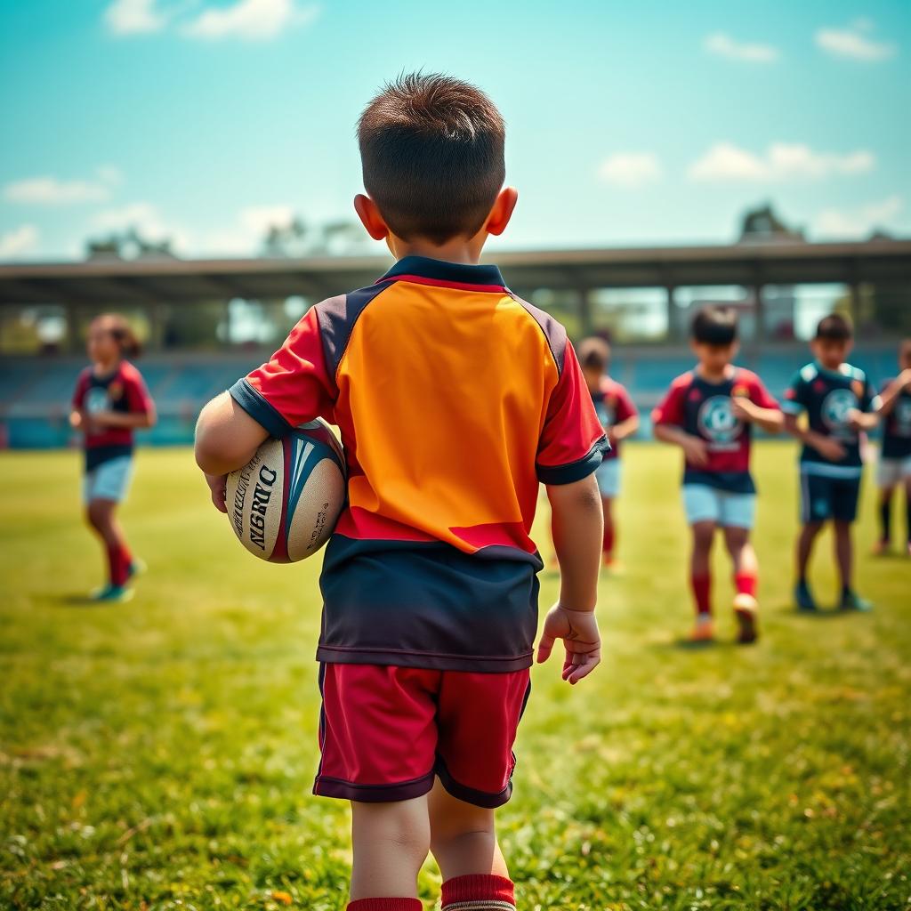 A dynamic scene capturing a young rugby player in Malaysia from behind, holding a rugby ball confidently in one hand