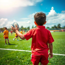 A dynamic scene capturing a young rugby player in Malaysia from behind, holding a rugby ball confidently in one hand