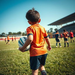 A dynamic scene capturing a young rugby player in Malaysia from behind, holding a rugby ball confidently in one hand