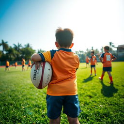 A dynamic scene capturing a young rugby player in Malaysia from behind, holding a rugby ball confidently in one hand