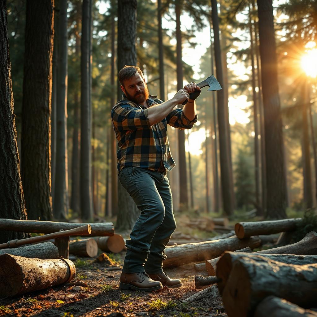 A rugged lumberjack with a strong, muscular build chopping wood in a dense forest