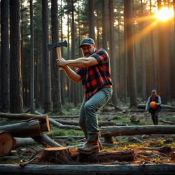 A rugged lumberjack with a strong, muscular build chopping wood in a dense forest