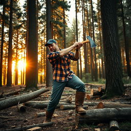 A rugged lumberjack with a strong, muscular build chopping wood in a dense forest