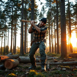 A rugged lumberjack with a strong, muscular build chopping wood in a dense forest