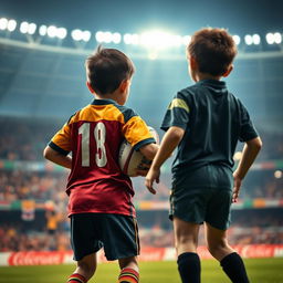 A rugby match scene featuring two young boys playing rugby in a stadium