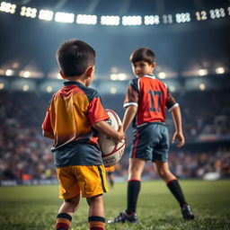 A rugby match scene featuring two young boys playing rugby in a stadium